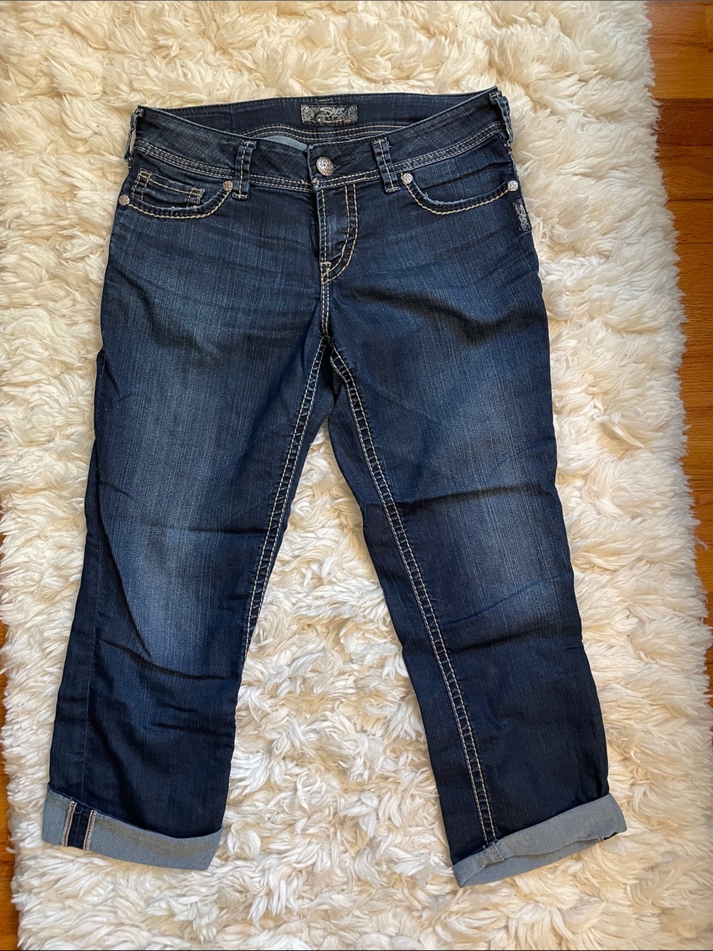 Silver Jeans Dark Blue Rolled Cuff Boyfriend Capris